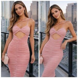 NWT Michael Costello x Revolve Davie Ruched Cutout Midi Dress XL Pink